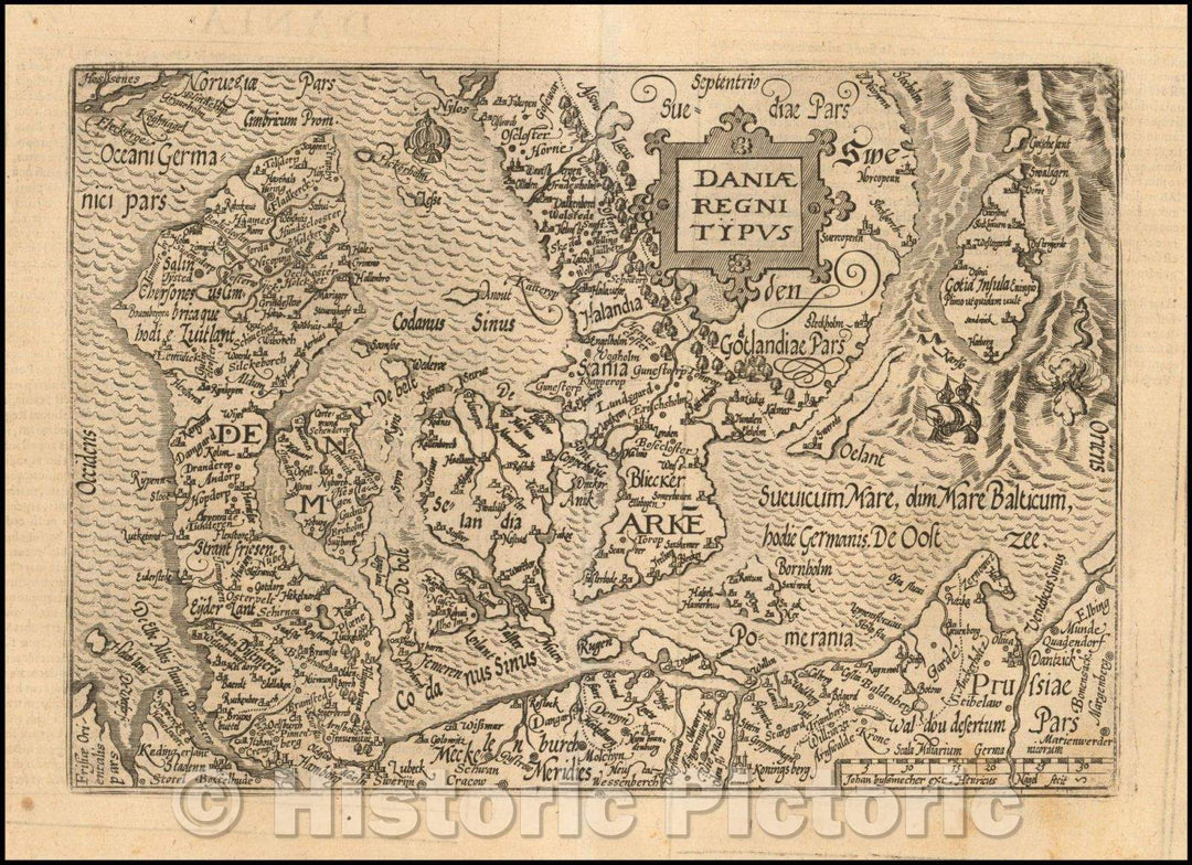 Historic Map - Daniae Regni Typus/Type the Kingdom of Denmark, 1593, Janus Bussemacher - Vintage Wall Art