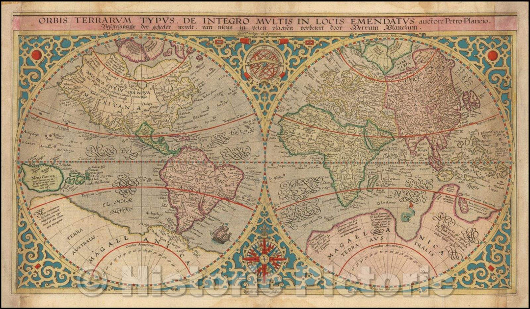 Historic Map - Orbis Terrarum Typus De Integro Multis In Locis Emendatus auctore Petro Plancio/Double hemisphere world Map, by Petrus Plancius, 1590 - Vintage Wall Art