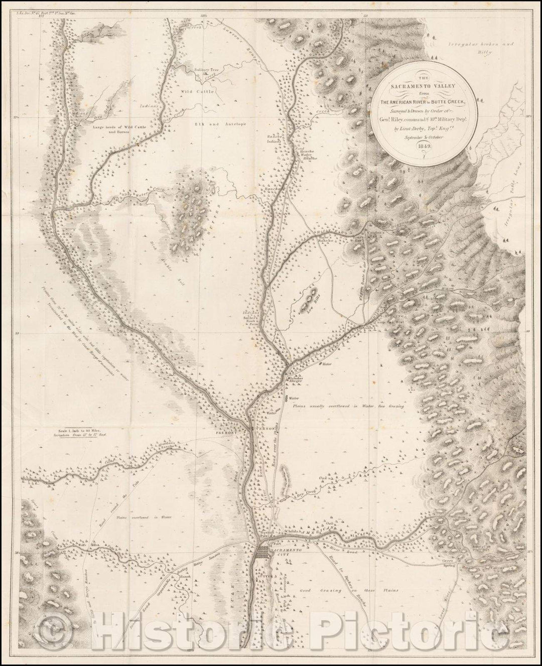 Historic Map - The Sacramento Valley from The American River to Butte Creek, Surveyed &, 1849, George Derby - Vintage Wall Art