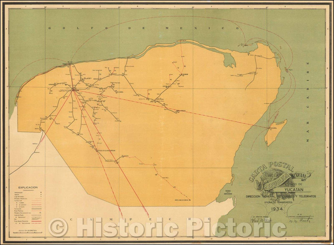 Historic Map - Carta Postal de la Republica Mexicana Estado de Yucatan/Postal letter of the Mexican state of Yucatan Republic. 1934, 1934 - Vintage Wall Art