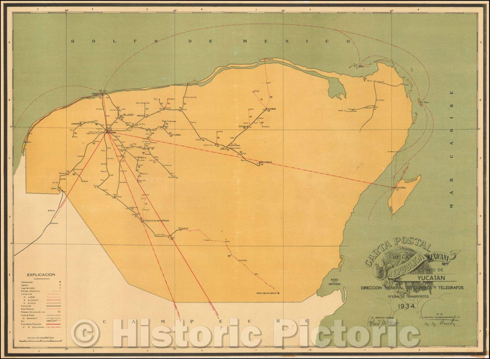 Historic Map - Carta Postal de la Republica Mexicana Estado de Yucatan/Postal letter of the Mexican state of Yucatan Republic. 1934, 1934 - Vintage Wall Art