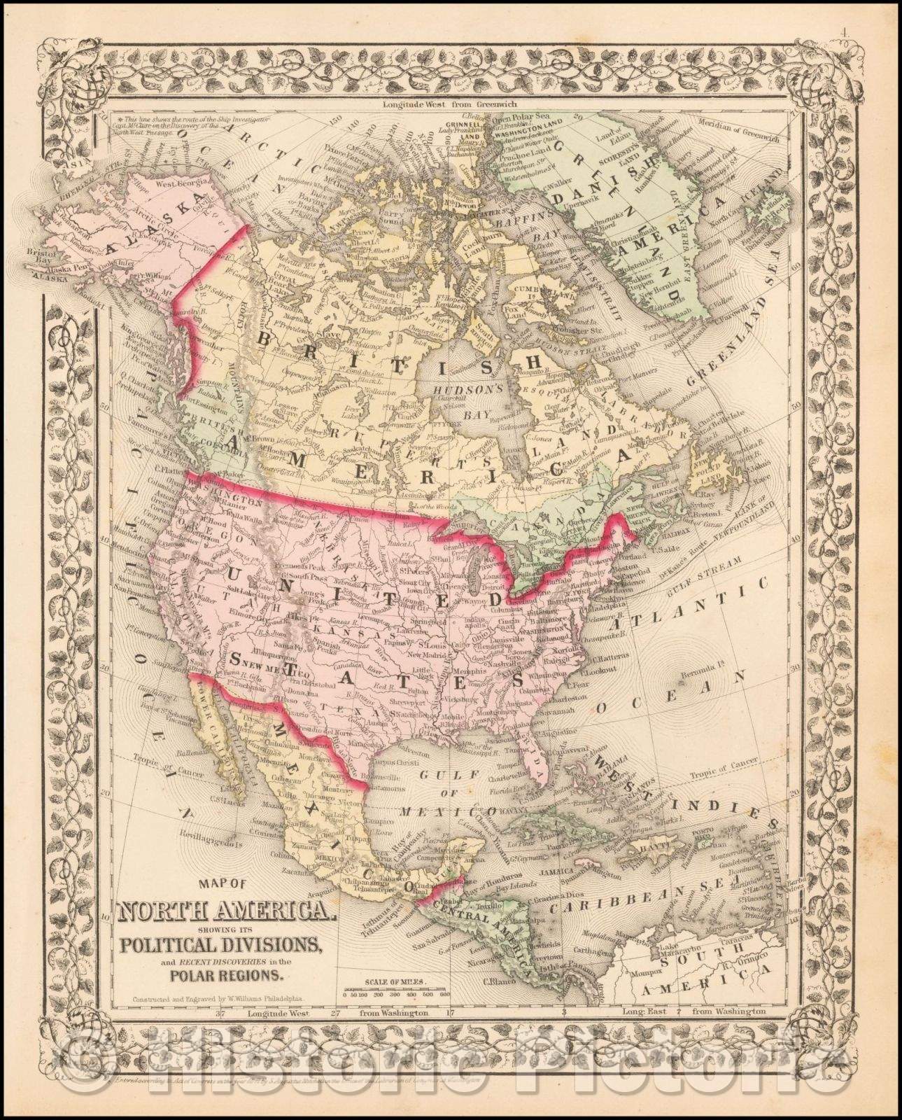 Historic Map - Map of North America Showing Its Political Divisions, and Recent Discoveries in the Polar Regions, 1865, Samuel Augustus Mitchell Jr. v3