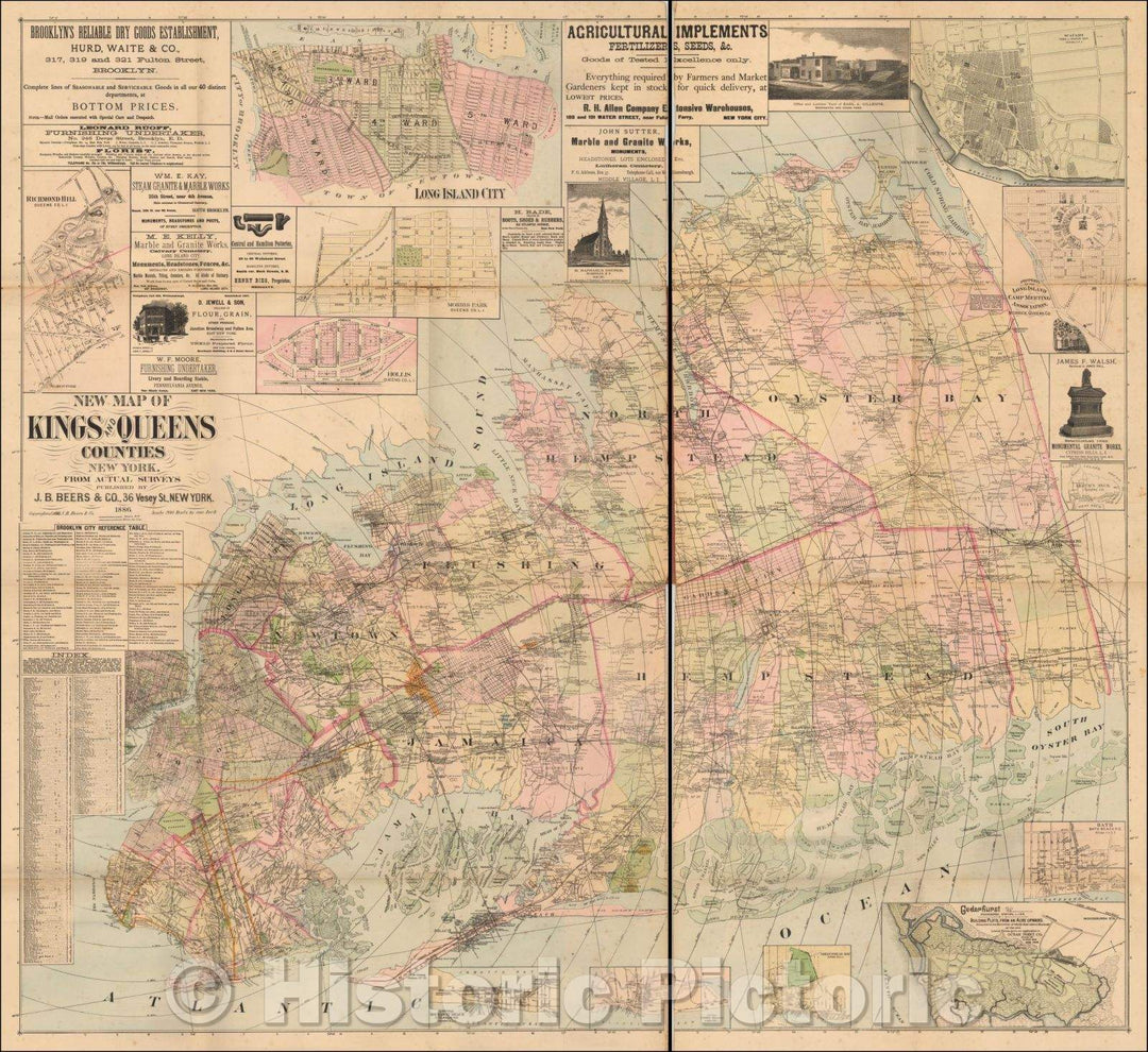 Historic Map - New Map of Kings and Queens Counties New York From Actual Surveys, 1886, J.B. Beers - Vintage Wall Art