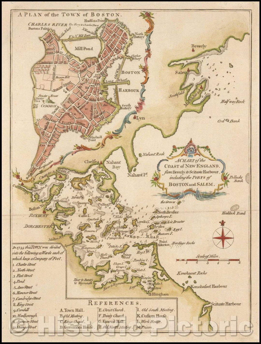 Historic Map - A Plan of the Town of Boston. [on sheet with] A Chart of the Coast of New England, 1774, London Magazine - Vintage Wall Art