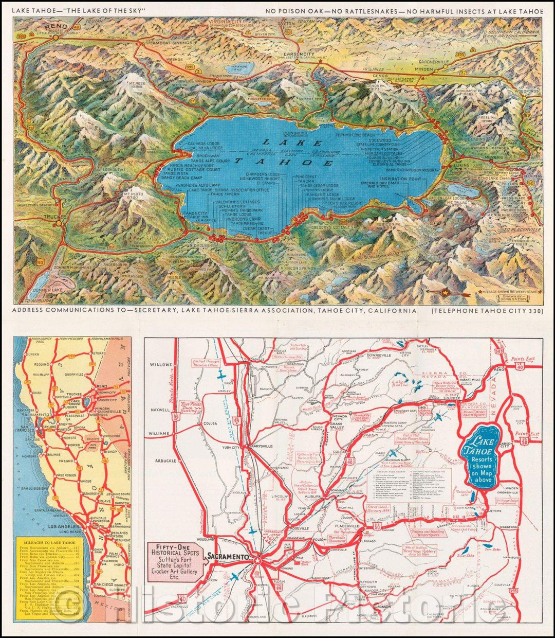 Historic Map - Lake Tahoe California-Nevada, 1957, Gerald A. Eddy - Vintage Wall Art