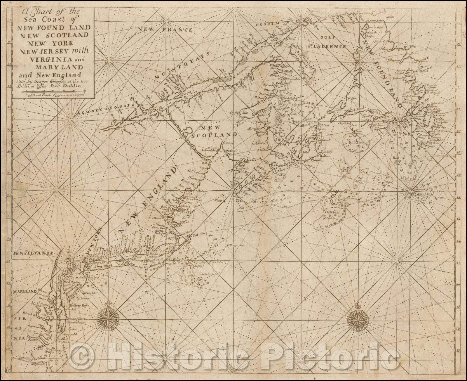 Historic Map - A Chart of the Sea Coast of New Found Land, New Scotland, New York New Jersey with Virginia and Maryland, 1730, Boulter Grierson - Vintage Wall Art