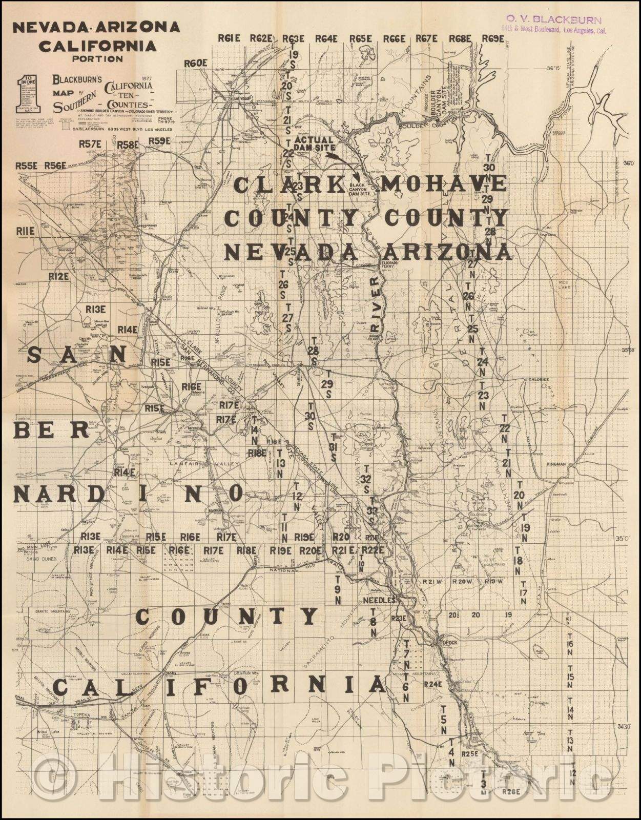 Historic Map - Las Vegas, Route 66, Blackburn's Map of Southern California Ten Counties - Showing Boulder Canyon - Colorado Territory 1927, 1927, O.V. Blackburn - Vintage Wall Art