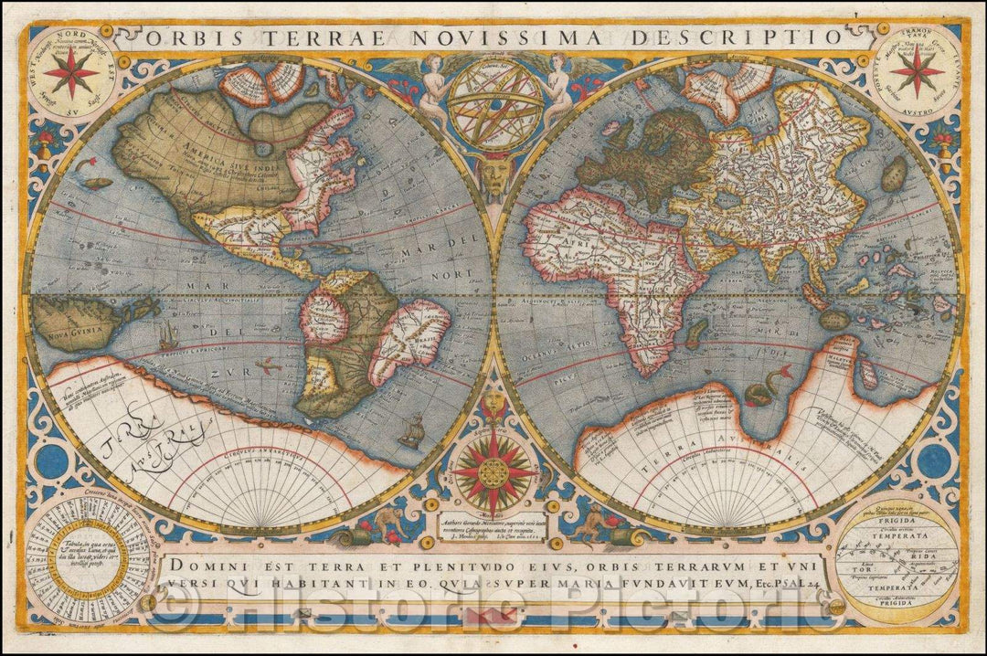 Historic Map - Orbis Terrae Novissima Descriptio Authore Gerardo Mercatore/Double hemisphere Map of the world, engraved by Jodocus Hondius, 1602 - Vintage Wall Art