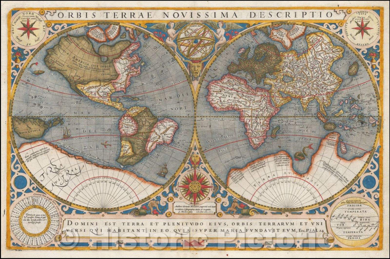 Historic Map - Orbis Terrae Novissima Descriptio Authore Gerardo Mercatore/Double hemisphere Map of the world, engraved by Jodocus Hondius, 1602 - Vintage Wall Art