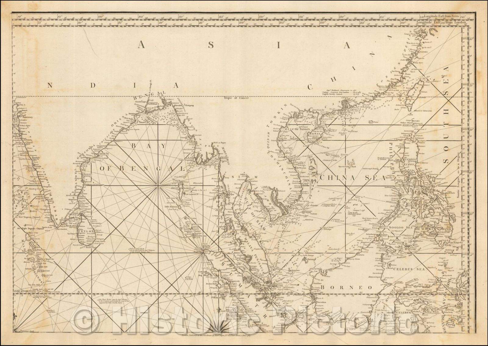 Historic Map - Chart of the Indian Ocean, from the Cape of Good Hope to Canton, Philippines, China Sea, Borneo, Singapore, Malaysia, Bay of Bengal, India), 1787 - Vintage Wall Art