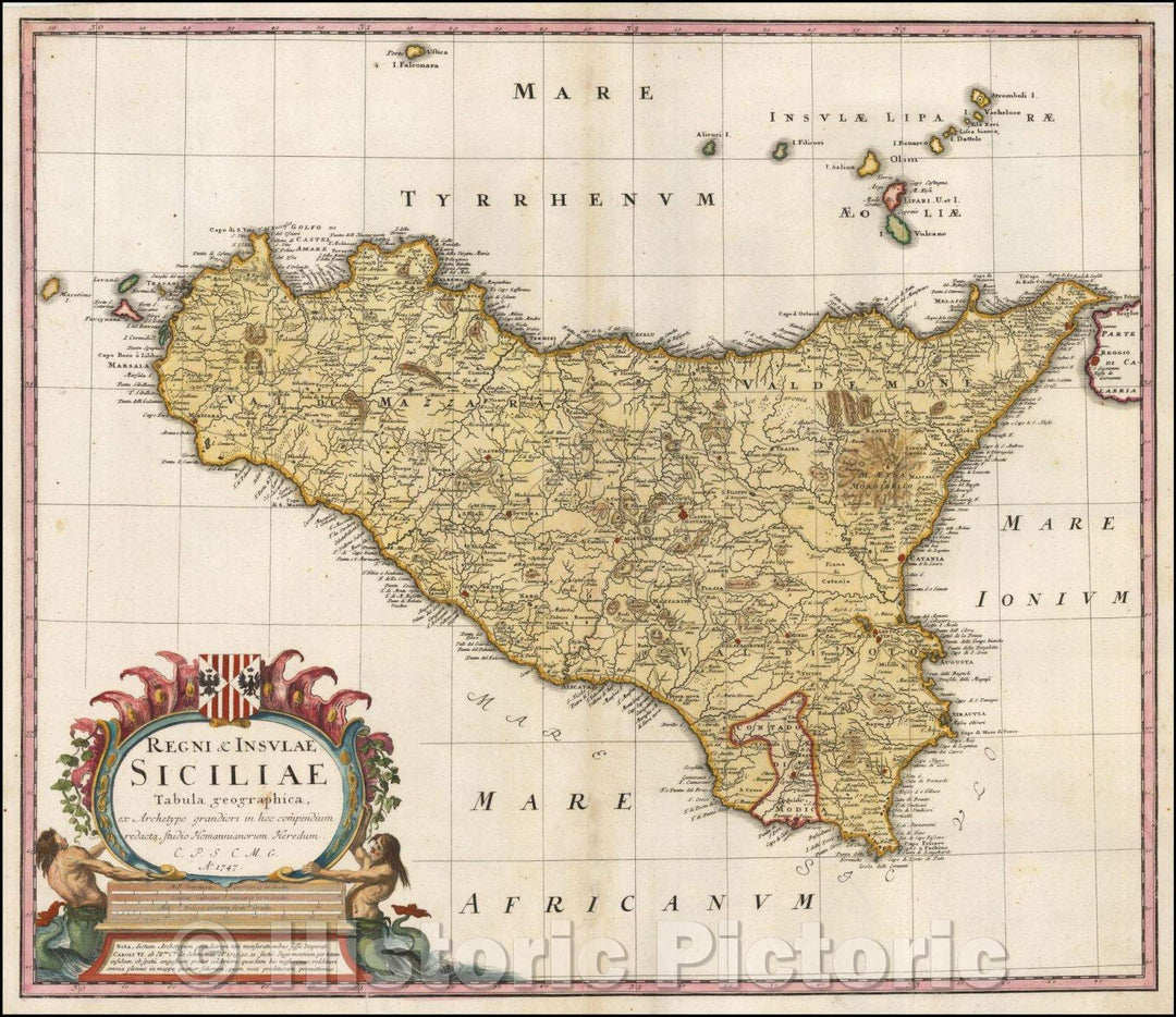 Historic Map - Regni & Insulae Siciliae Tabula geographica, ex Archetypo/Map of Sicily, published in Nuremberg by the heirs of J.B. Homann, 1747 - Vintage Wall Art