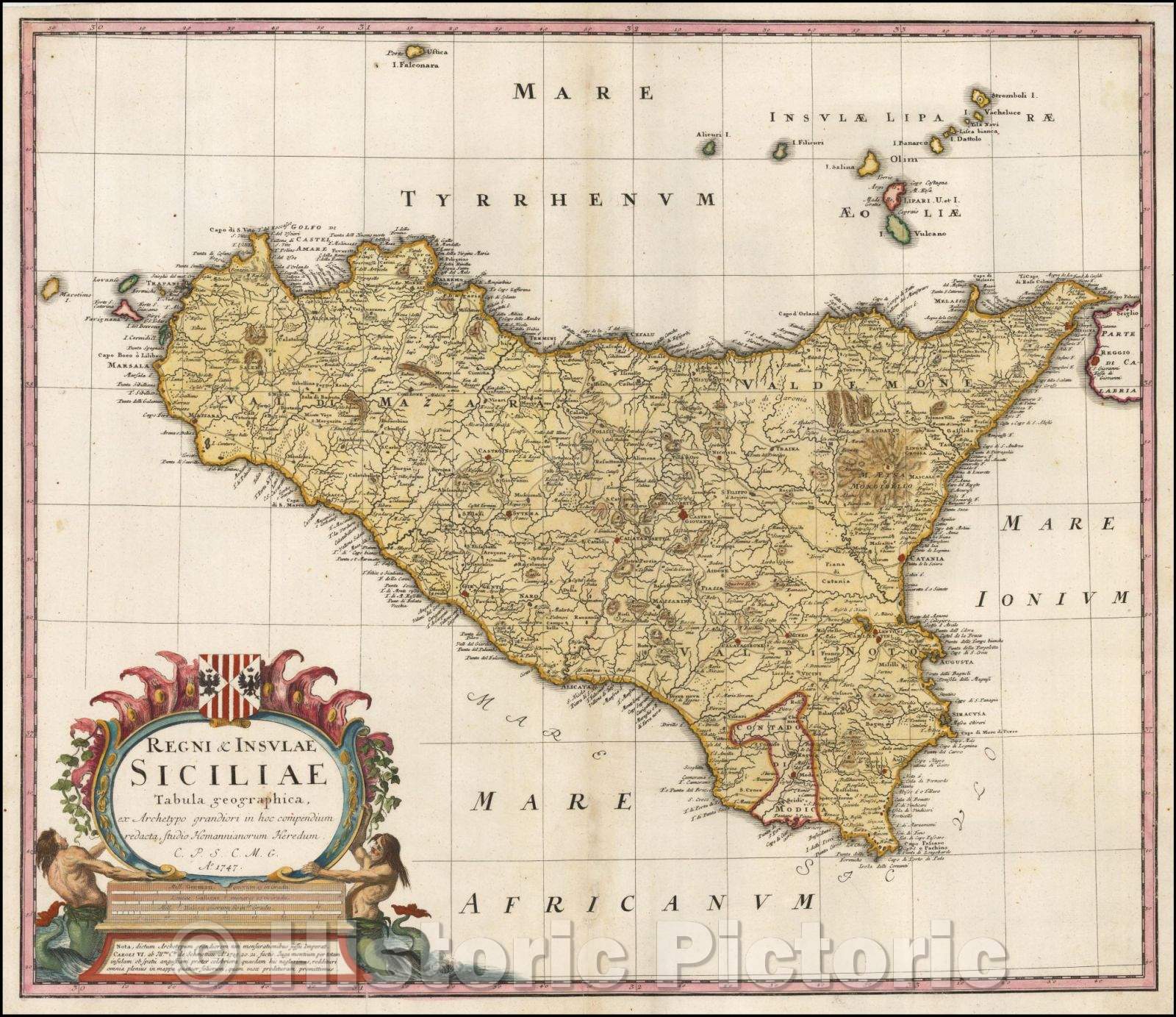 Historic Map - Regni & Insulae Siciliae Tabula geographica, ex Archetypo/Map of Sicily, published in Nuremberg by the heirs of J.B. Homann, 1747 - Vintage Wall Art