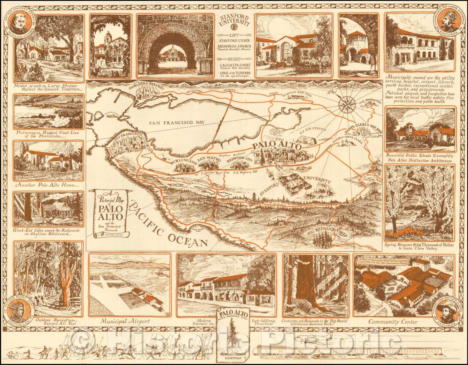 Historic Map - A Pictorial Map of Palo Alto and the San Francisco Peninsula, 1940, Arthur Lites - Vintage Wall Art