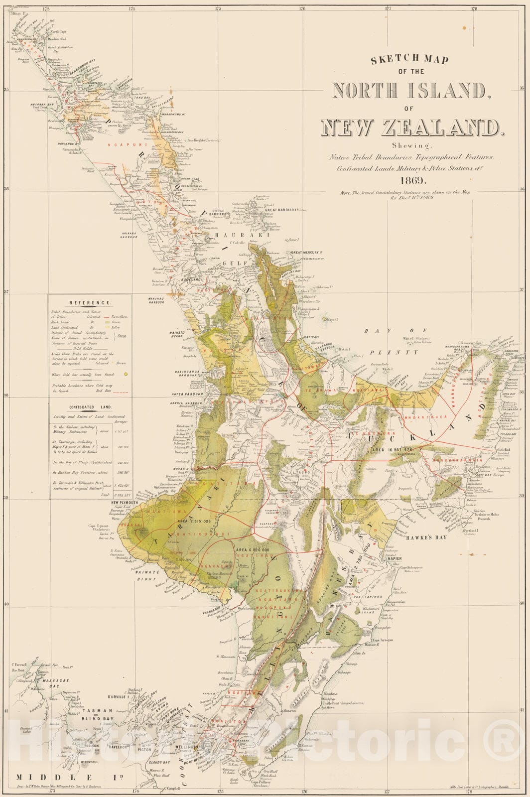 Historic Map - Sketch Map of the North Island of New Zealand. Shewing, Native Tribal Boundaries, Topographical Features, 1869, Mills, Dick, Lister & Co. - Vintage Wall Art