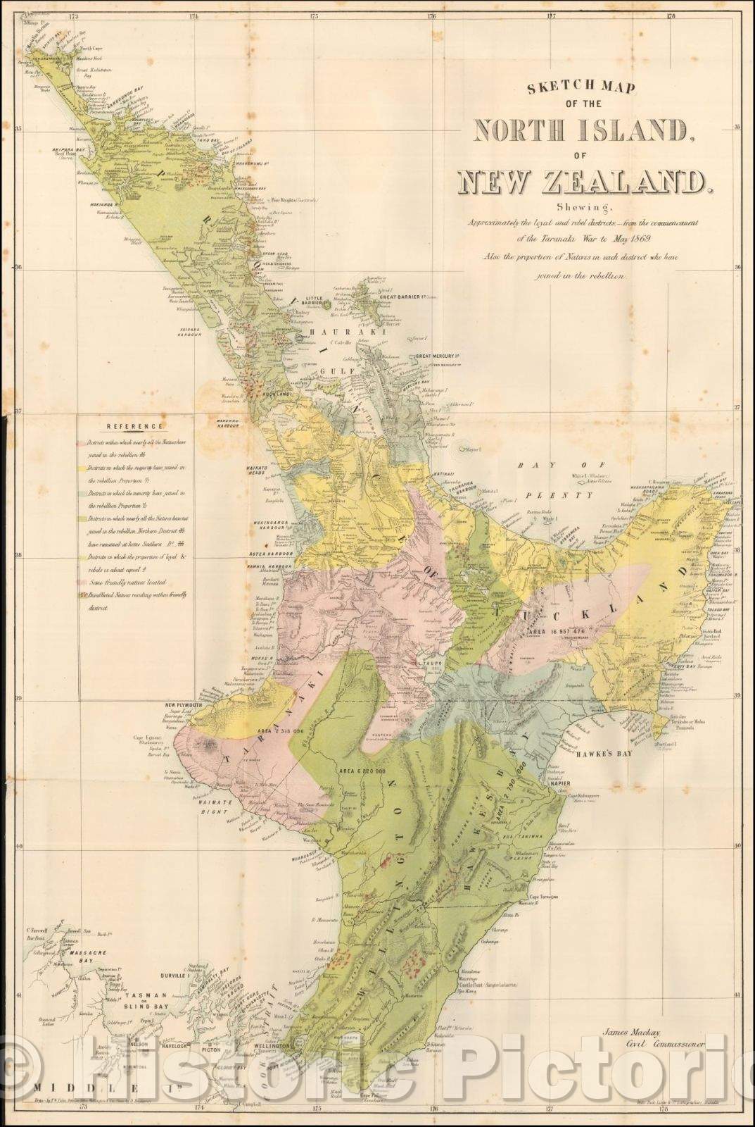 Historic Map - Sketch Map of the North Island of New Zealand. Shewing, Approximately the loyal and rebel districts, 1869, Mills, Dick, Lister & Co. - Vintage Wall Art