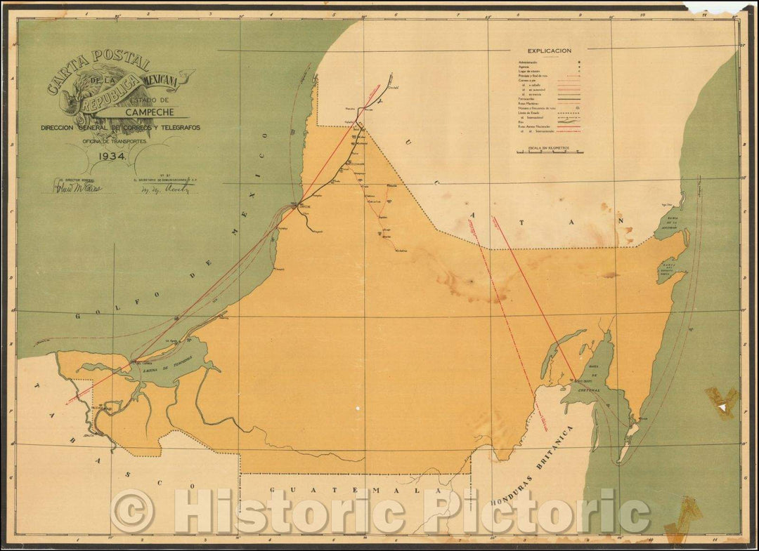 Historic Map - Carta Postal de la Republica Mexicana Estado de Campeche/Postal letter of the Mexican state of Campeche Republic. 1934, 1934 - Vintage Wall Art