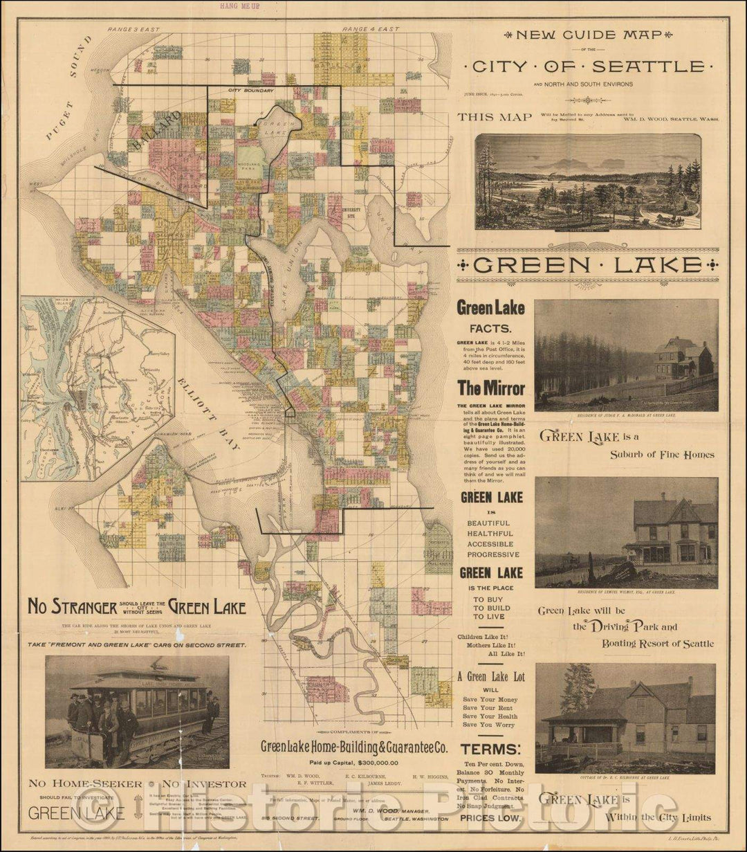 Historic Map - New Guide Map of the City of Seattle and North and South Environs, 1892, O.P. Anderson & Son - Vintage Wall Art