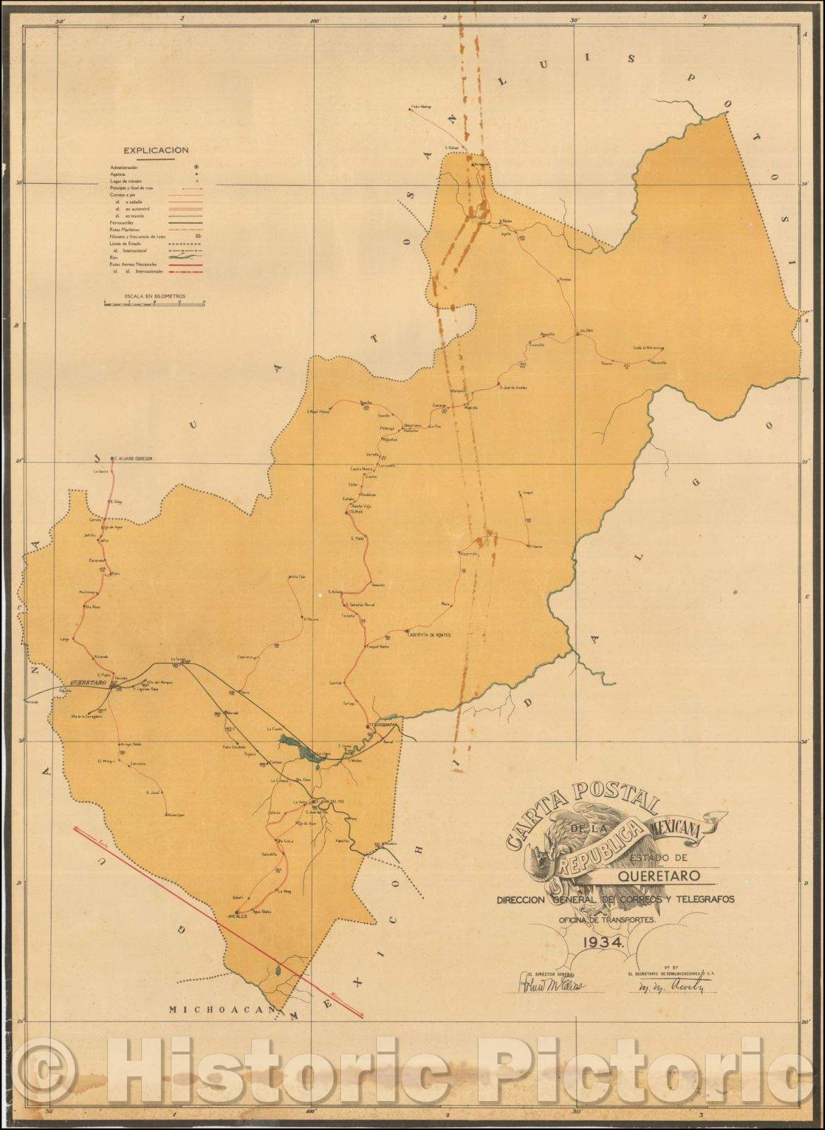 Historic Map - Carta Postal de la Republica Mexicana Estado de Queretaro/Postal letter of the Mexican Republic State of Queretaro. 1934, 1934 - Vintage Wall Art