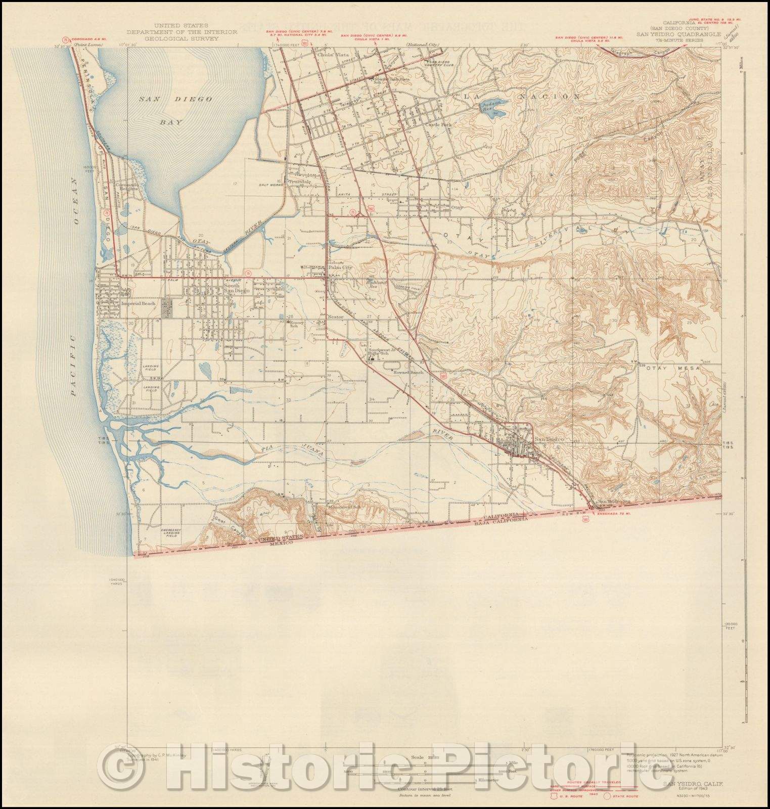 Historic Map - San Ysirdro Quadrangle 7 1/2-Minute Series, 1943, U.S. Geological Survey - Vintage Wall Art