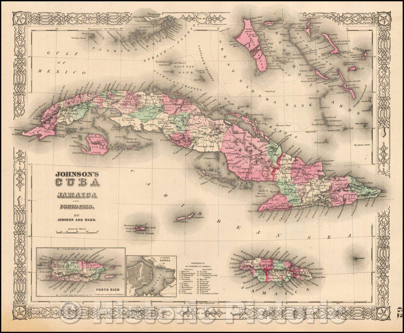 Historic Map - Johnson's Cuba Jamaica and Porto Rico, 1863, Benjamin P Ward - Vintage Wall Art