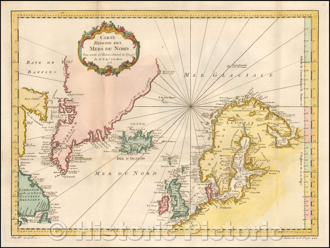 Historic Map - Carte Reduite Des Mers Du Nord :: Sea Chart of the coasts of Scandinavia, the British Isles, Iceland, Greenland and contiguous parts of Canada, 1758 - Vintage Wall Art