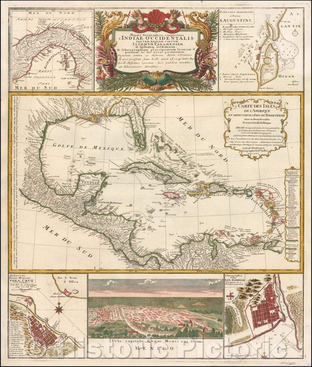 Historic Map - Mappa Geographica Complectens I. Indiae Occidentalis Partem Mediam Circum Isthmum Panamensem, St. Augstine, Florida, Mexico City, 1740 - Vintage Wall Art