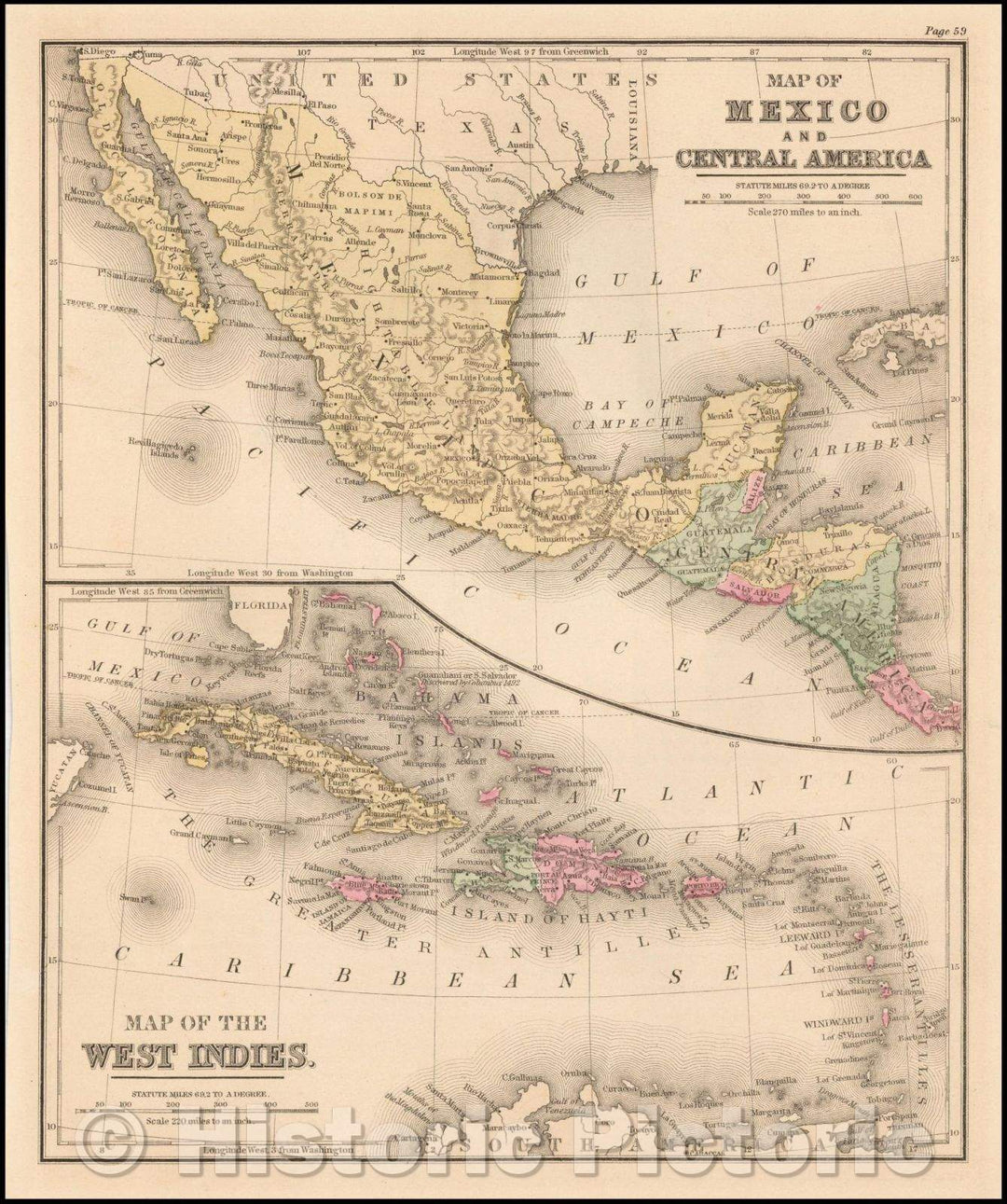 Historic Map - Map of Mexico and Central America (with) Map of the West Indies, 1850, Samuel Augustus Mitchell - Vintage Wall Art