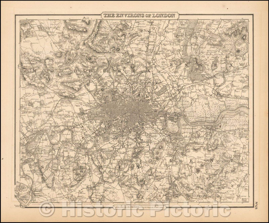 Historic Map - The Environs of London, 1857, Joseph Hutchins Colton - Vintage Wall Art