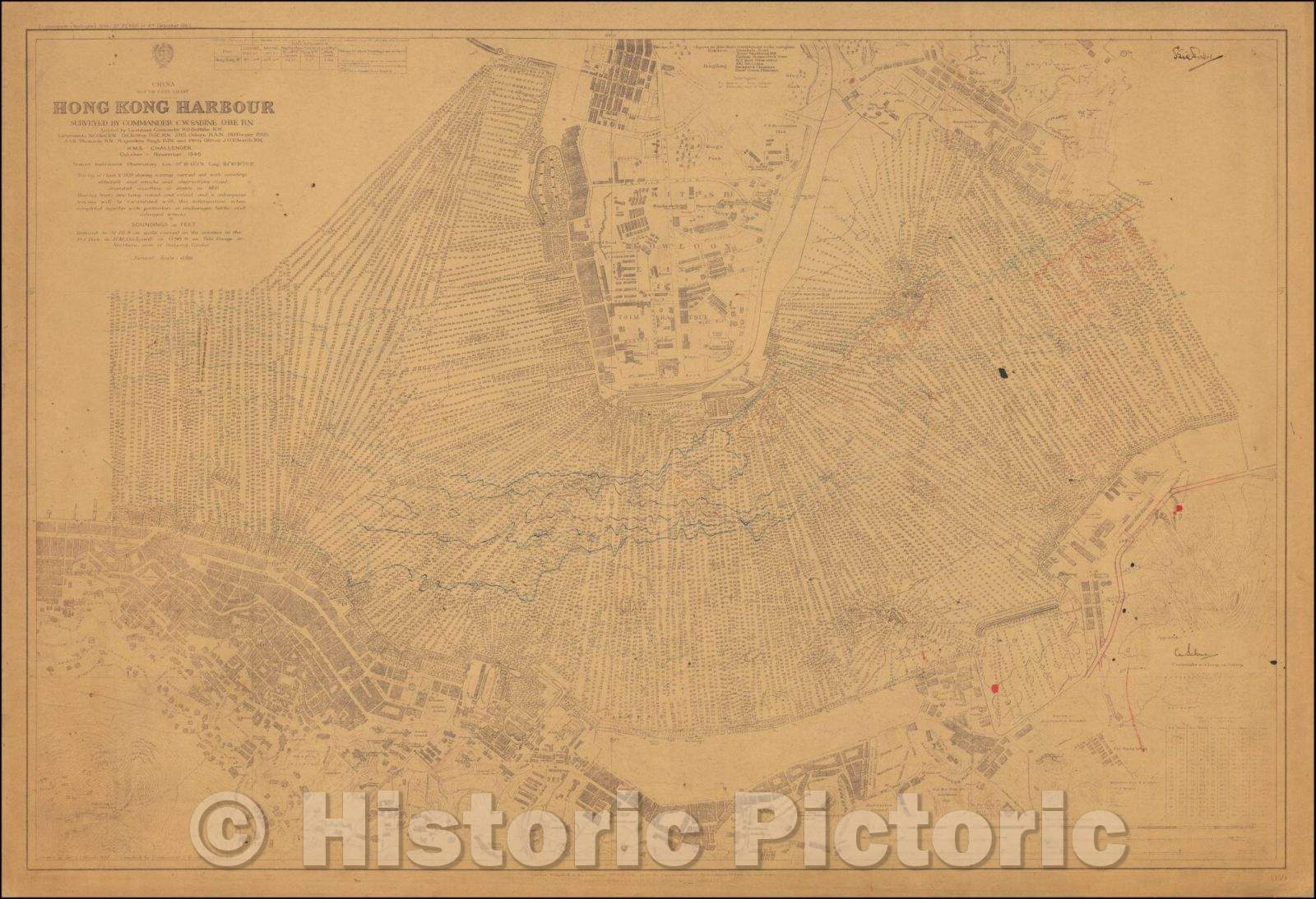 Historic Map - Hong Kong Harbour Surveyed, 1945, Hong Kong Surveying Unit - Vintage Wall Art