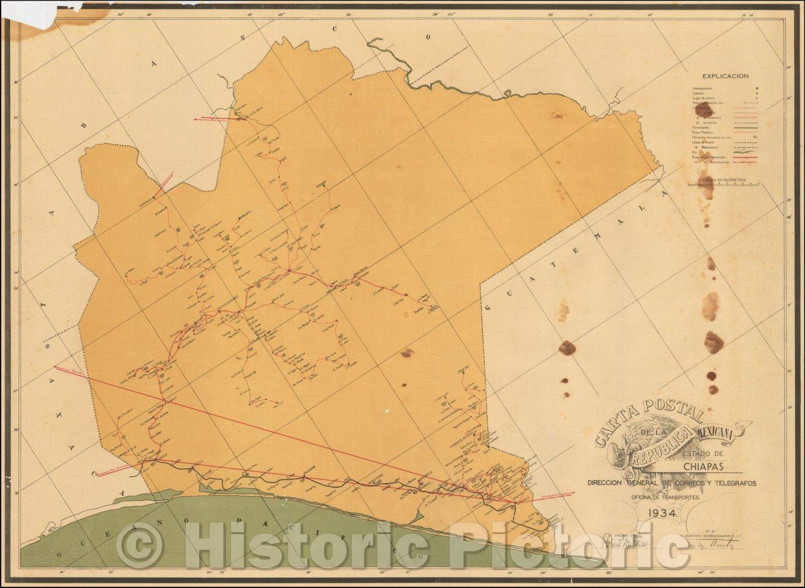 Historic Map - Carta Postal de la Republica Mexicana Estado de Chiapas/Postal letter of the Mexican state of Chiapas Republic. 1934, 1934 - Vintage Wall Art