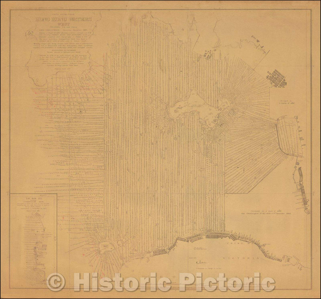 Historic Map - Hong Kong Waters West (including Taik Kok Tsui) H.M.S. Challenger November-December, 1945, Hong Kong Surveying Unit - Vintage Wall Art