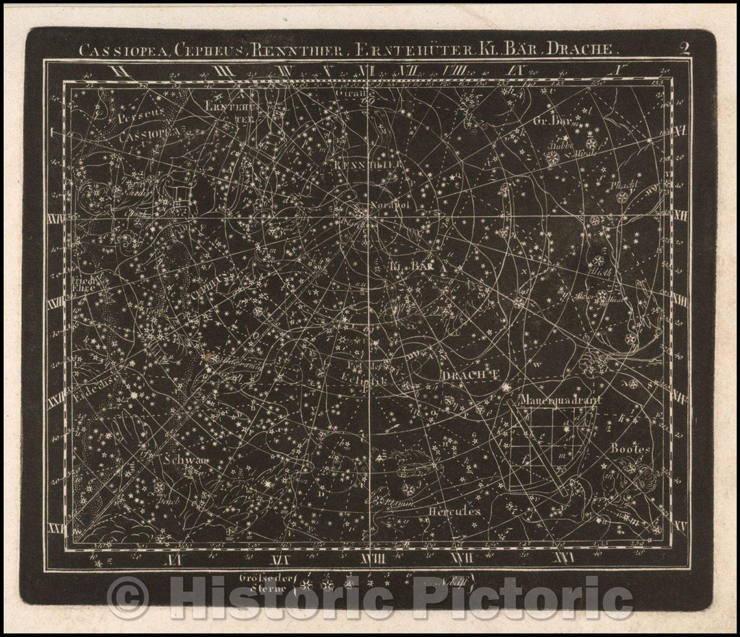 Historic Map - Cassiopea, Cepheus, Rennthier, Erntehuter, Kl. Bar. :: Celestial Map, constellations on a night sky, published by Christian Friedrich Goldbach, 1799 - Vintage Wall Art