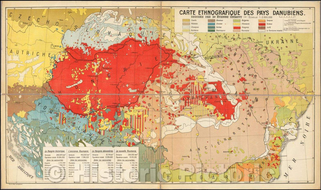 Historic Map - Carte Ethnographique Des Pays Danubiens. Redigee Par Dr. Etienne Gyorffy :: Ethnographic centered on Hungary and locating the"Danubiens", 1928 - Vintage Wall Art