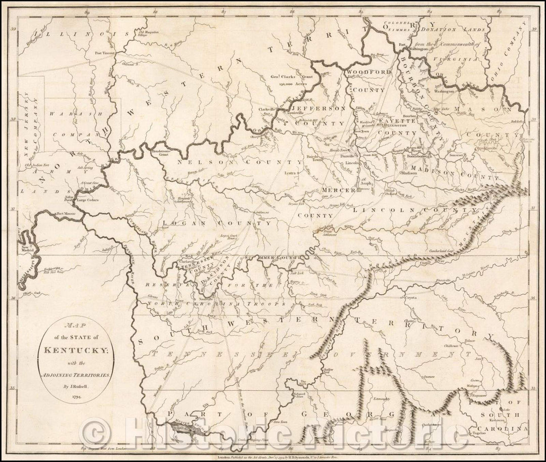 Historic Map - Map of the State of Kentucky with the Adjoining Territory, 1794, John Russell - Vintage Wall Art