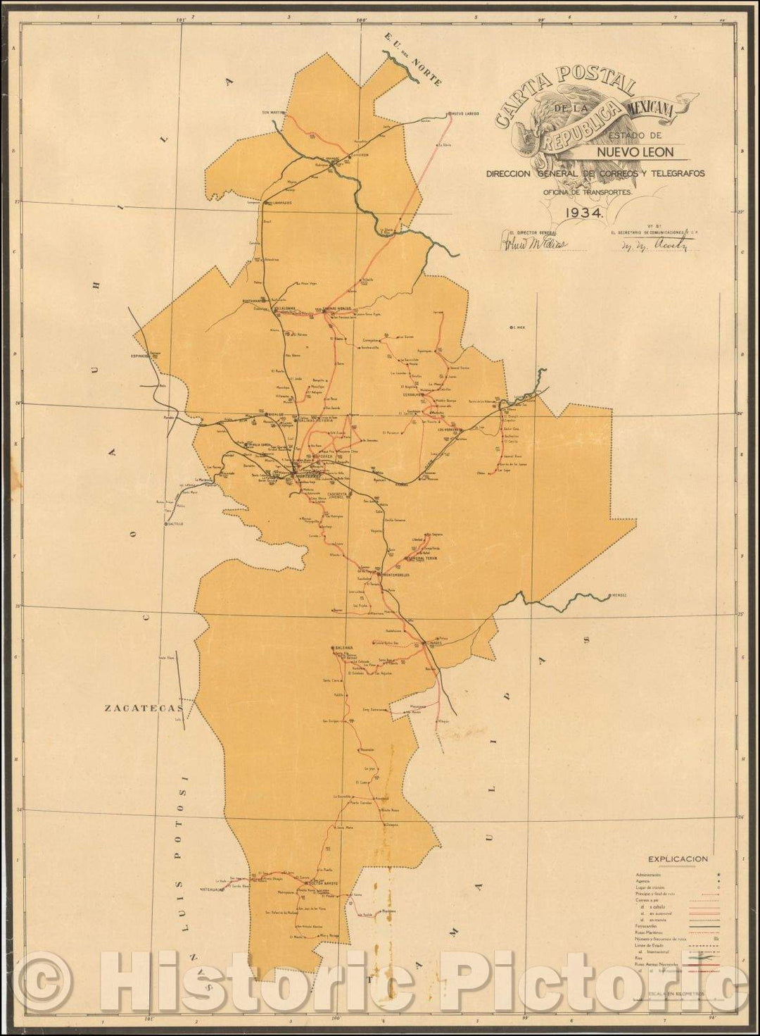 Historic Map - Carta Postal de la Republica Mexicana Estado de Nuevo Leon/Postal letter of the Mexican Republic State of Nuevo Leon. 1934, 1934 - Vintage Wall Art