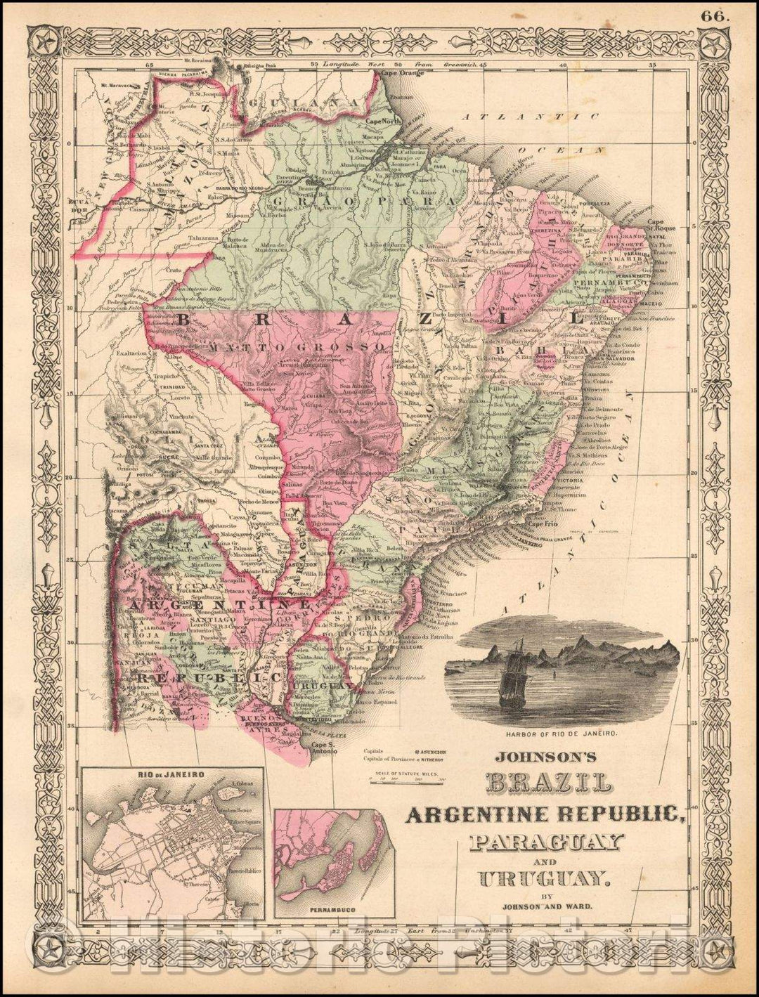 Historic Map - Johnson's Brazil, Argentine Republic, Paraguay and Uruguay, 1863, Benjamin P Ward - Vintage Wall Art