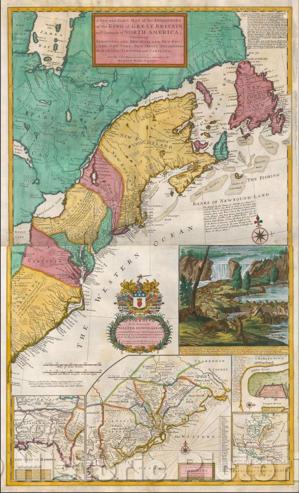 Historic Map - A New and Exact Map of the Dominions of the King of Great Britain on ye Continent of North America, 1730, Herman Moll - Vintage Wall Art