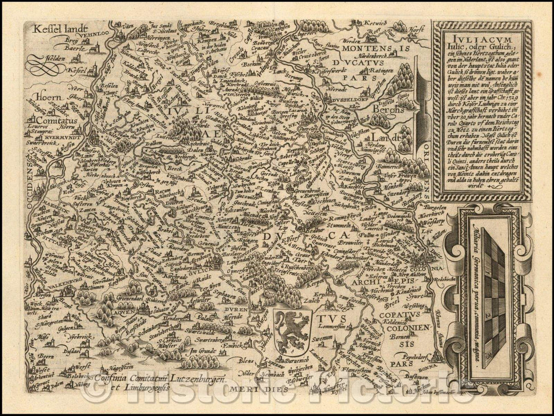 Historic Map - Iuliacum Iulic, oder Gulich, ein schones Hertzogthum gelegen im Niderlant/Map of the North Rhine-Westphalia Region of Germany, 1592 - Vintage Wall Art