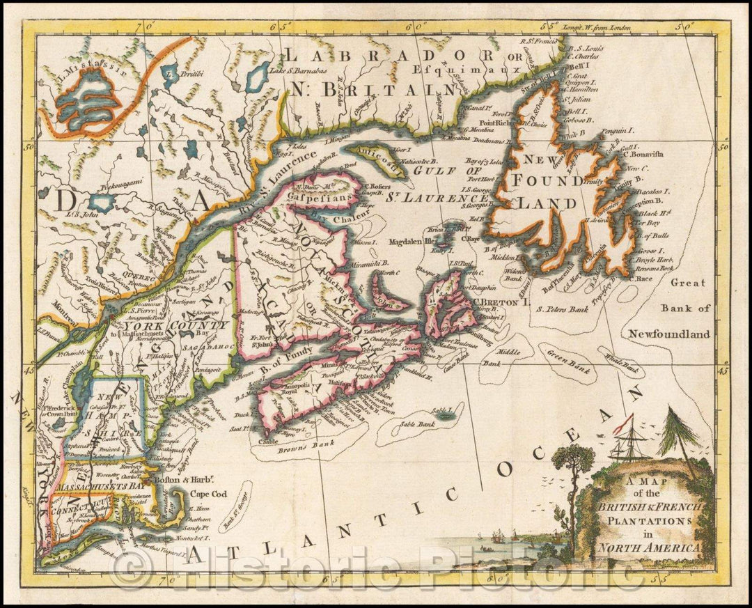 Historic Map - British & French Plantations in North America, 1755, London Magazine - Vintage Wall Art