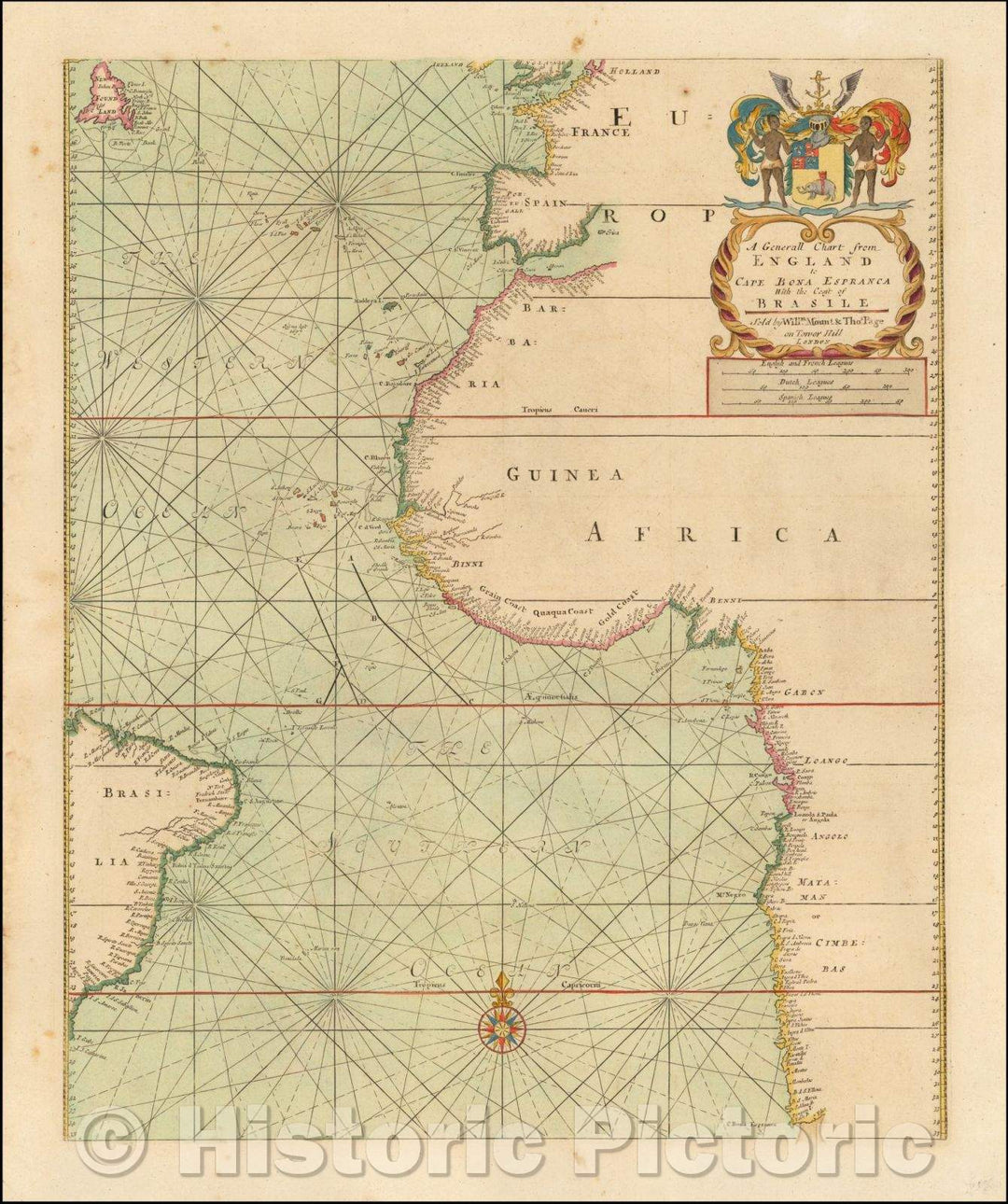 Historic Map - A Generall Chart from England to Cape Bona Espranca With the Coast of Brasile Sold, 1702, William Mount - Vintage Wall Art