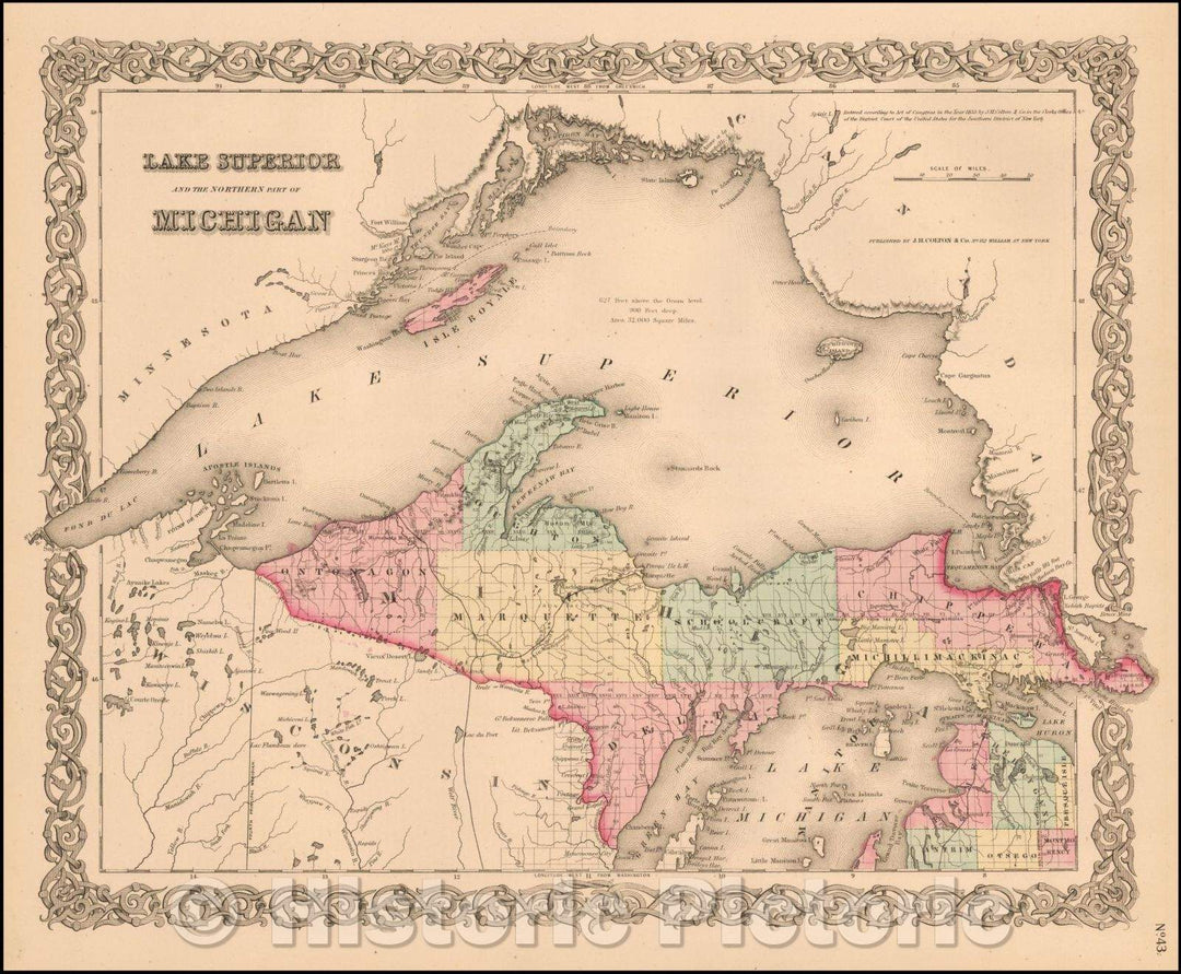 Historic Map - Lake Superior and the Northern Part of Michigan, 1859, Joseph Hutchins Colton - Vintage Wall Art