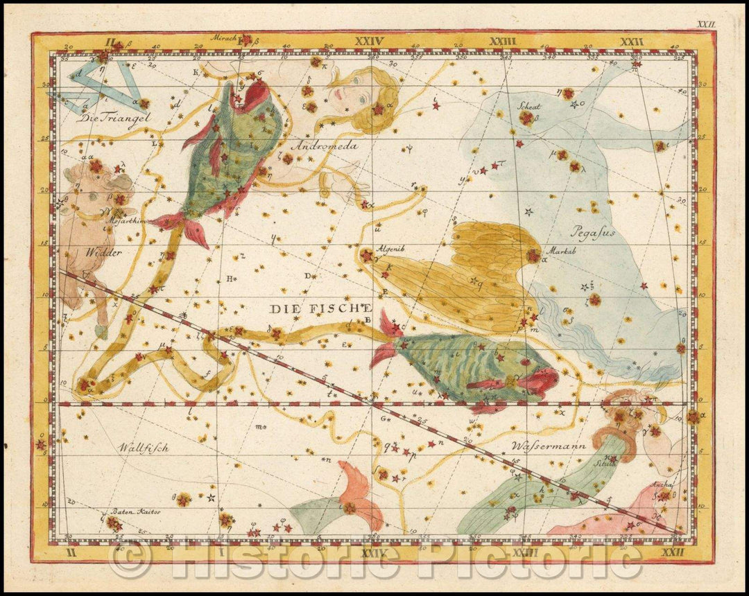 Historic Map - (Pisces) Die/Star Chart centered the constellation Pisces and surrounding constellations, published by Johann Elert Bode (1747-1826), 1805 - Vintage Wall Art