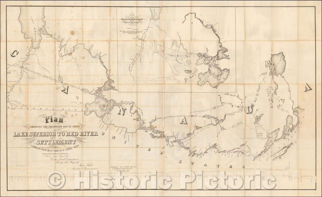 Historic Map - Plan Shewing The Proposed Route From Lake Superior To Red River Settlement, 1858, Henry Y. Hind - Vintage Wall Art