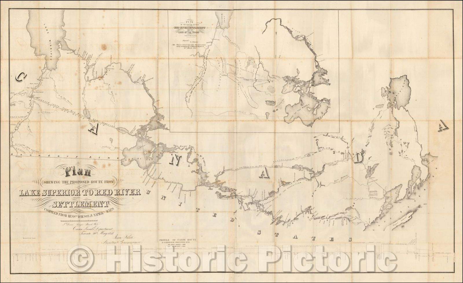 Historic Map - Plan Shewing The Proposed Route From Lake Superior To Red River Settlement, 1858, Henry Y. Hind - Vintage Wall Art