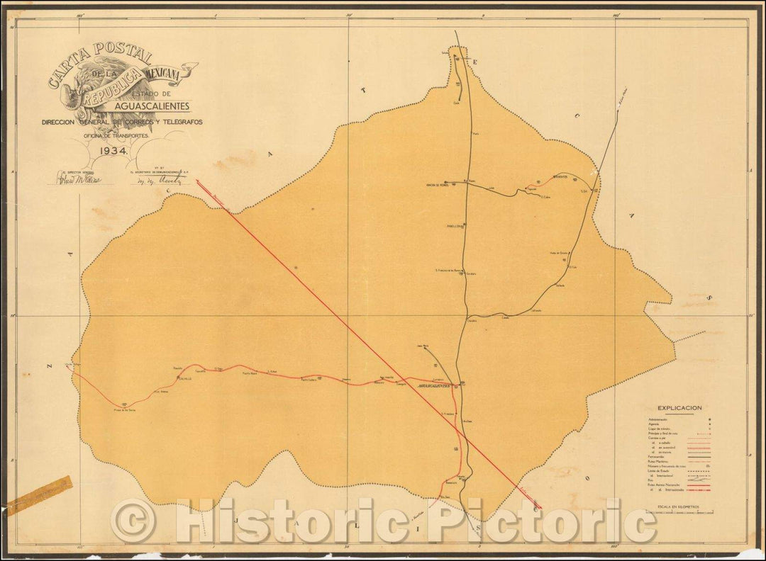 Historic Map - Carta Postal de la Republica Mexicana Estado de Agusacalientes/Postal letter of the Mexican Republic Agusacalientes State. 1934, 1934 - Vintage Wall Art