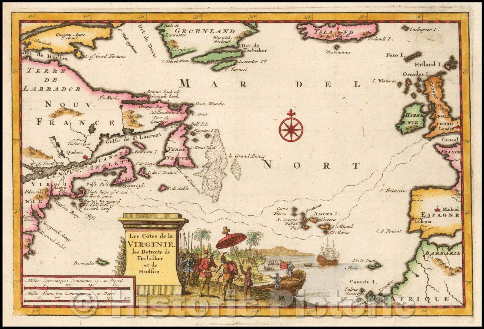 Historic Map - Les Cotes de la Virginie, les Detroits de Forbisher et de Hudson/Map of Northeastern America, Atlantic, Cape Cod and Martha's Vineyard, 1707 - Vintage Wall Art