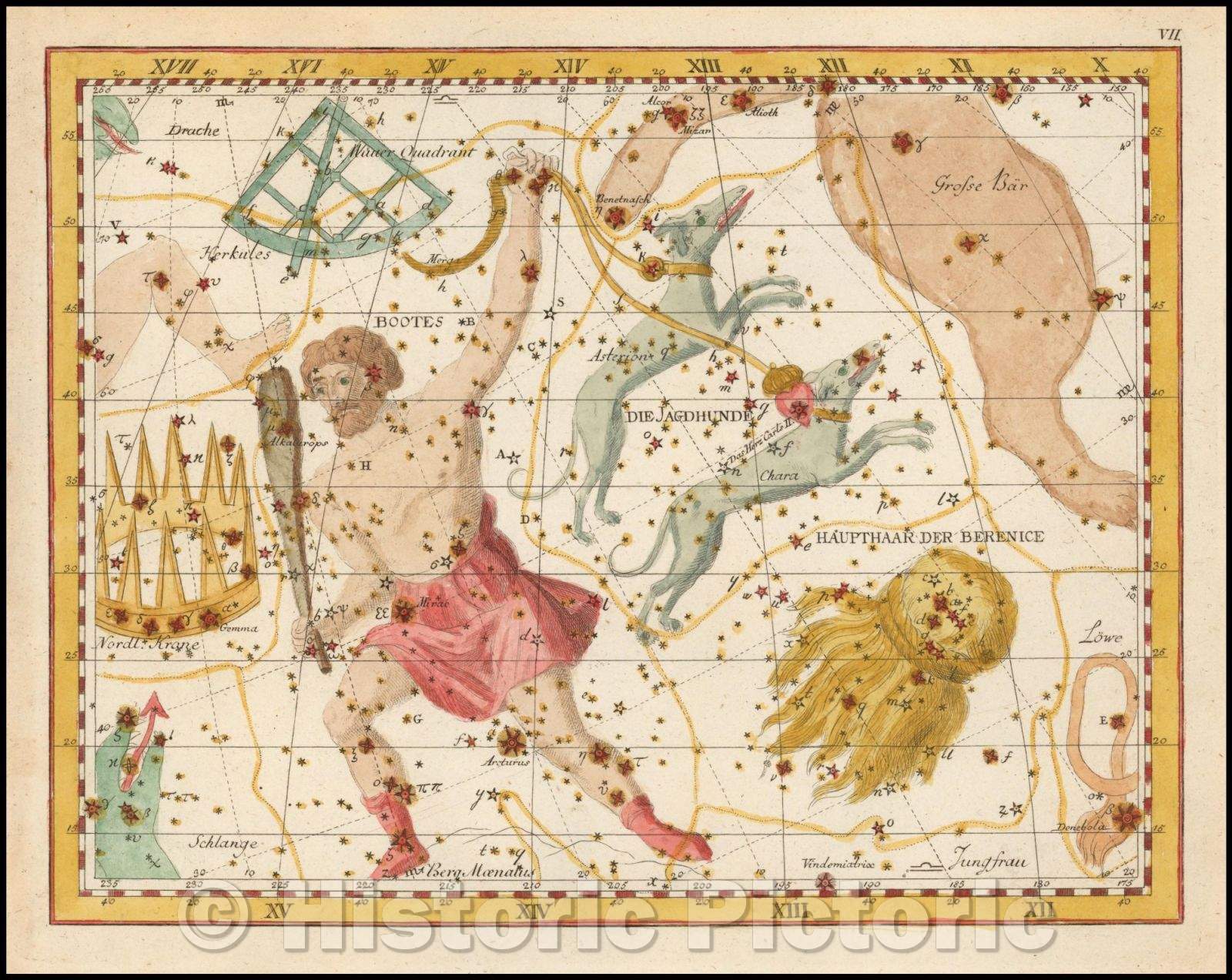 Historic Map - Bootes, Die Jagdhunde, Haupthaaer, Der Berenice/Star Chart centered the constellations Bootes and Mons Moenalus Asterion, 1805 - Vintage Wall Art