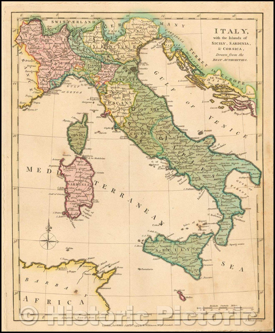 Historic Map - Italy, Sicily, Sardinia, Corsica &c, 1794, Robert Wilkinson - Vintage Wall Art