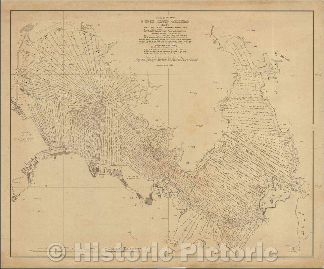 Historic Map - Original Manuscript Survey Chart of Hong Kong Waters East H.M.S. Challenger November-December, 1945, Hong Kong Surveying Unit - Vintage Wall Art