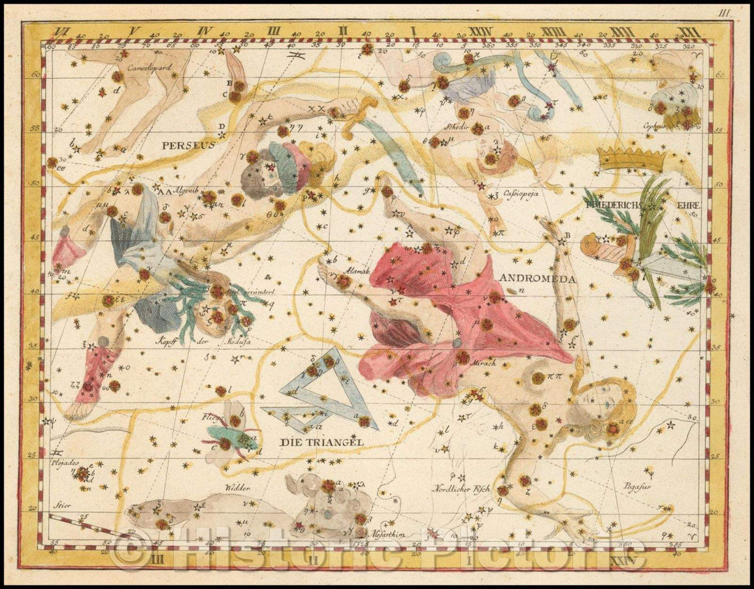 Historic Map - Perseus, Andromeda, Die Triangel (Triangle) / Star Chart centered the constellations Perseus, Andromeda and Triangle, 1805, Johann Elert Bode - Vintage Wall Art